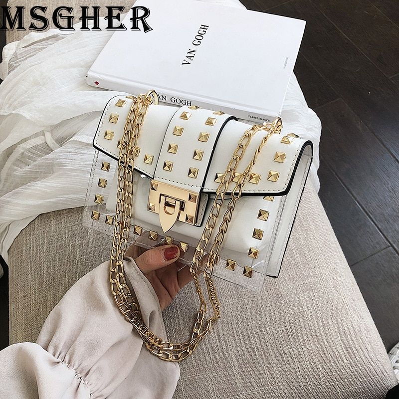 MSGHER Handbags Women Fashion Rivet Small Chain Bags Casual Transparent Shoulder Bags High Quality Crossbody Bags