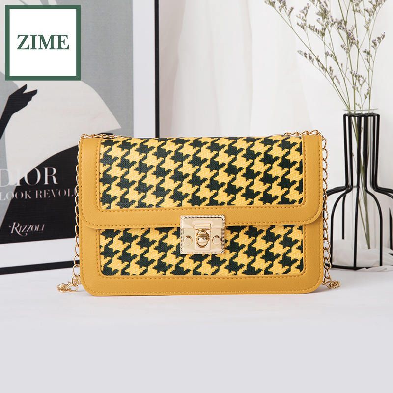 ZIME Women's bag winter Korean version of the plaid print color matching lock chain small square bag shoulder diagonal bag