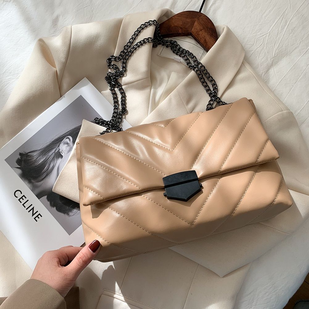 Popular Simple Female Daily Bag Portable Shoulder Crossbody Bag Women Solid Leather Chain Handbag Commuter Totes