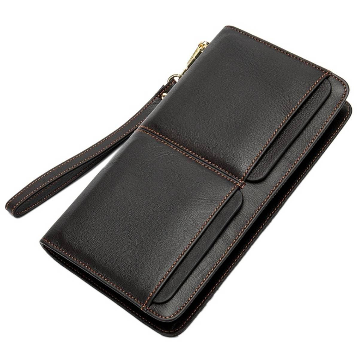 Quality Leather Men's Business Wallet Long Zipper Men Wallets Coin Card Credit Purses(Coffee)