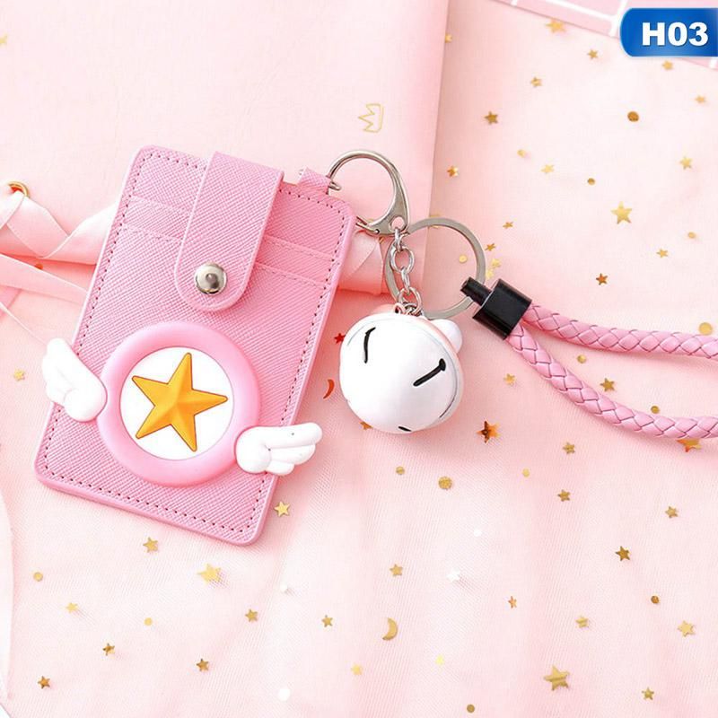 【BestGO】Three-card Pink Big Bell Lanyard Student Card Holder ID Card Holder Traffic Card Ri Card Holder Portable Card Cover