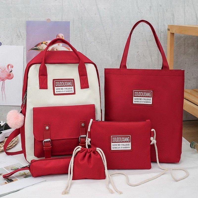 5 Pcs Sets High School Backpack For Girls Women Canvas Schoolbags Children Shoulder Bags Female Backpack Fashion Women Backpack