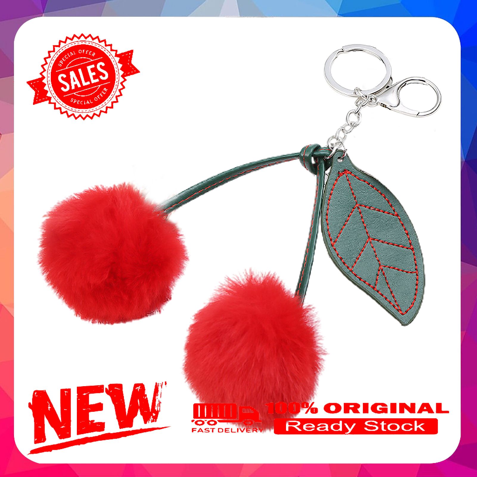 Cute Plush Cherry Leaf Pompom Ball Backpack Car Pendant Keychain Key Ring Gift