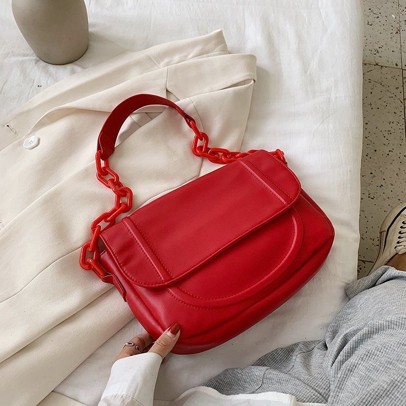 JZ Brand Casual Bag Women 2021 Simple Solid Shoulder Bag With Thick Chain PU Leather Handbags And Purse White