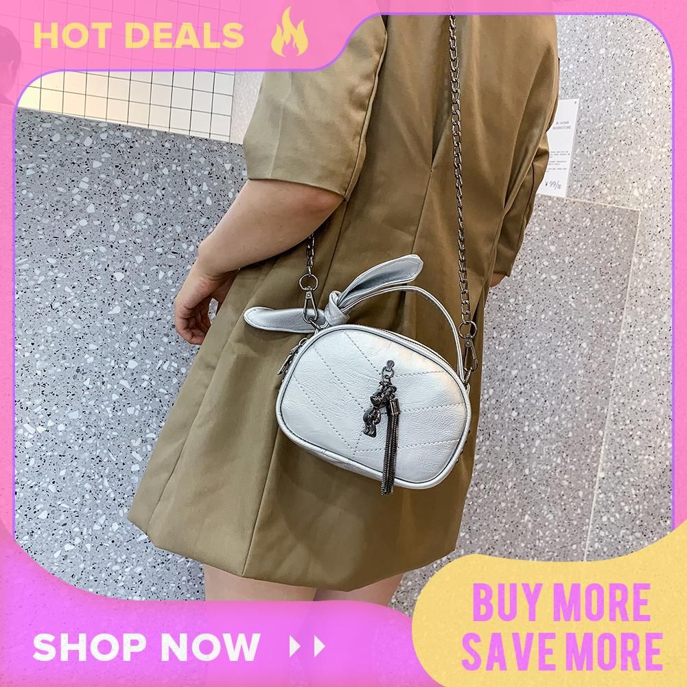 Women PU Leather Shoulder Messenger Bags with Rivet Fashion Mini Solid Color Tassel Bow Handbag Gift