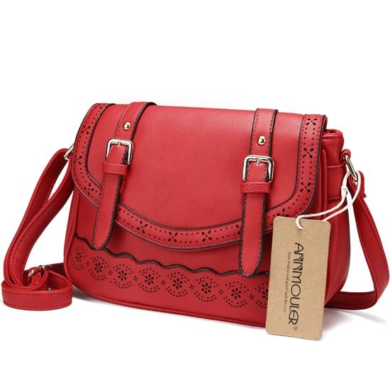 Annmouler Vintage Women Shoulder Bag High Quality Hollow Out Crossbody Bag Pu Leather Lace Messenger Bag for Ladies Large Bag