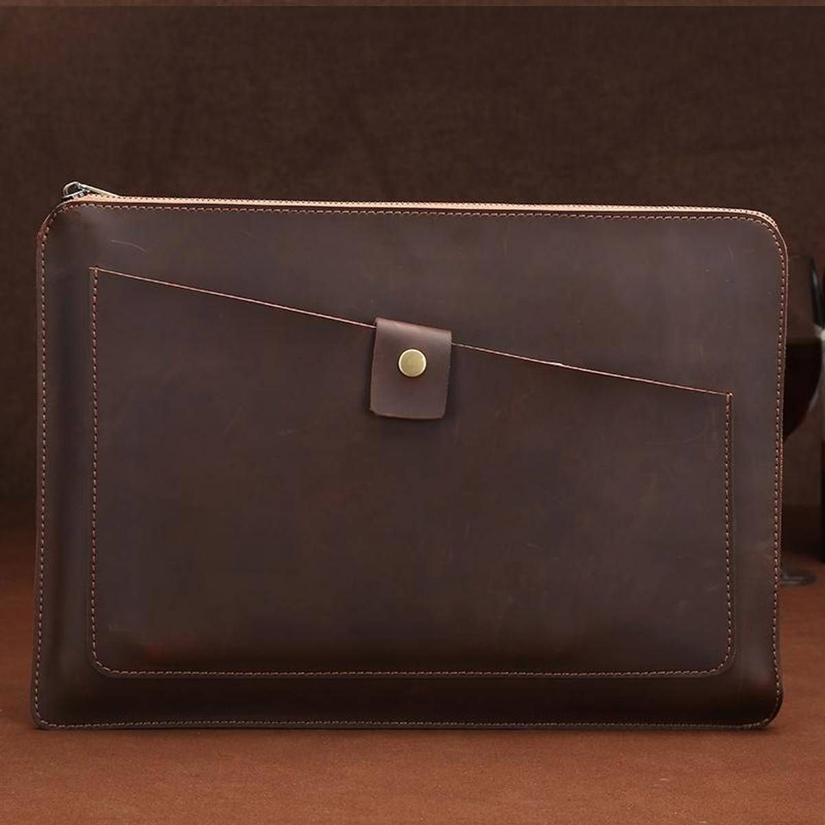 Universal Genuine Leather Business Zipper Laptop Tablet Bag, For 12 inch and Below Macbook, Samsung, Lenovo, Sony, DELL Alienware, CHUWI, ASUS, HP (Coffee)
