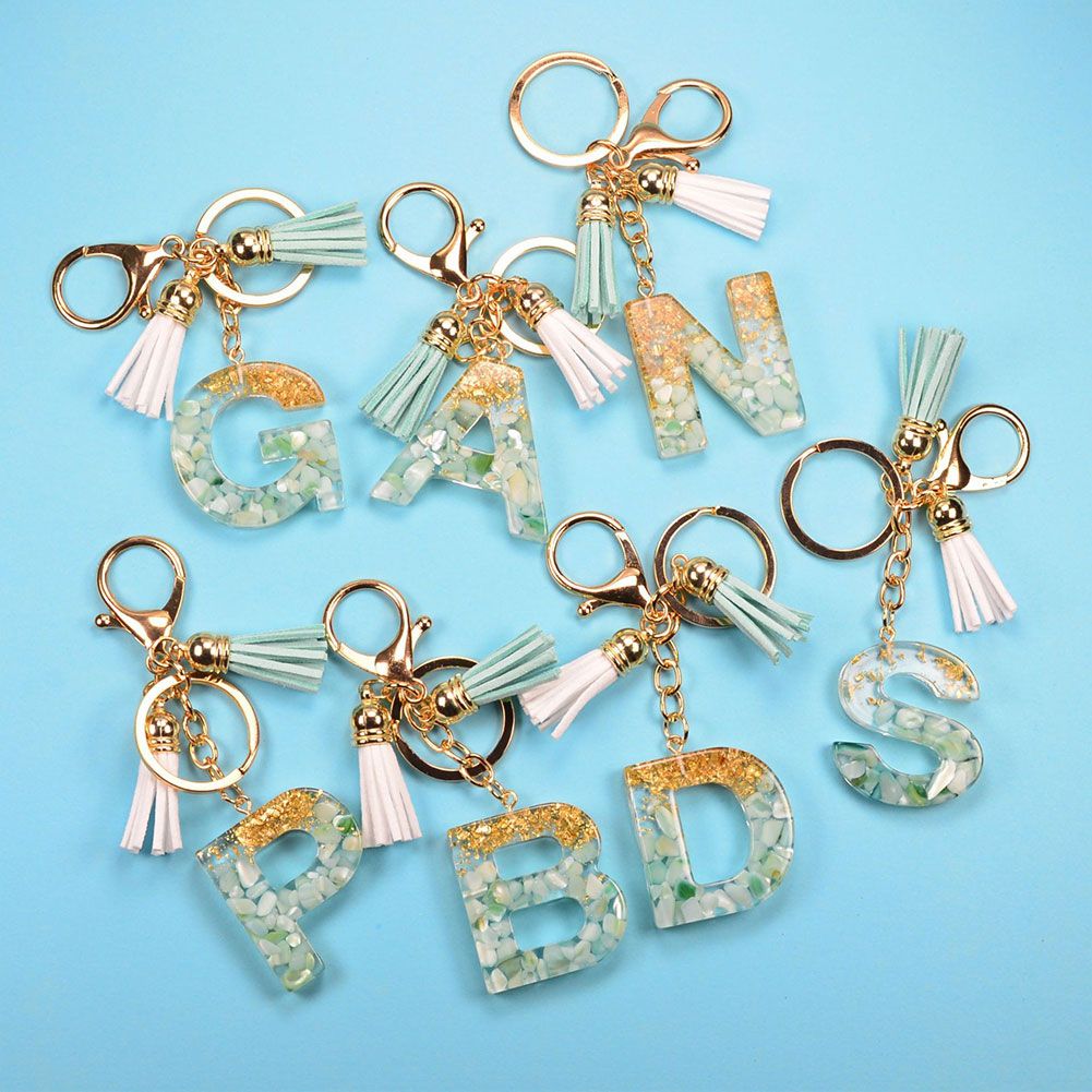 Women Fashion 26 Letters Resin Keychains Gold Foil Bag Pendant Charms Handbag Accessories Tassel Key Rings