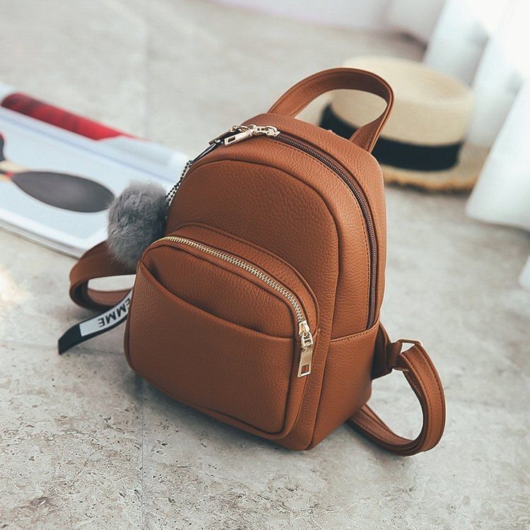 Miyahouse Teenagers Girls Fashion PU Leather Shoulder Schoolbags With Fuzzy Ball Pendant Female Mini Backpacks Solid Travel Bag