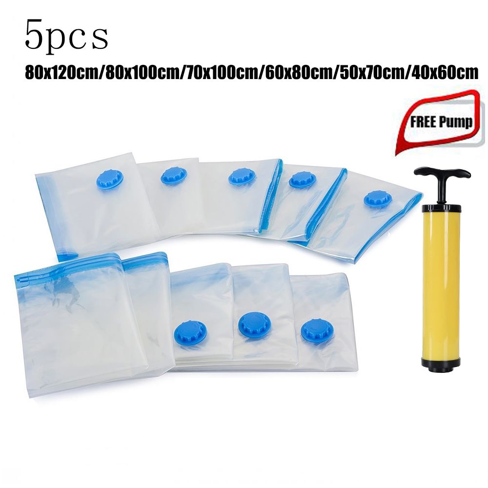 Pump 5PCS 80x120/ 80x100/ 70x100/ 60x80/ 50x70/ 40x60cm Vacuum Bags for Travel Vacuum Compression Bags Clothes Storage Bag (Transparent)