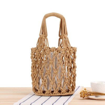 Retro Fashion Hollow Knitting Thick Cotton Woven Cotton Thread Net Casual Women beach bucket cotton han Ladies handbag