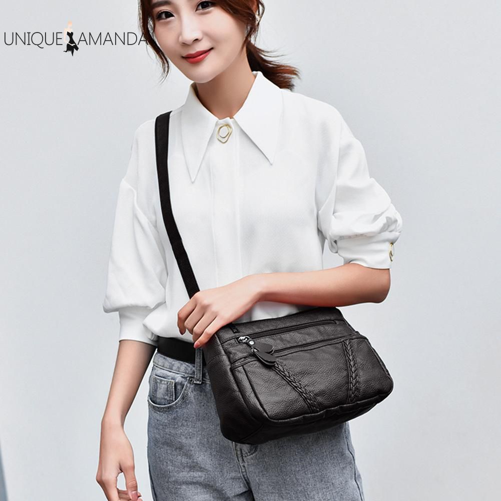 【BestGO】Solid Color Messenger Bag Women Leather Multi Pocket Shoulder Crossbody Handbags