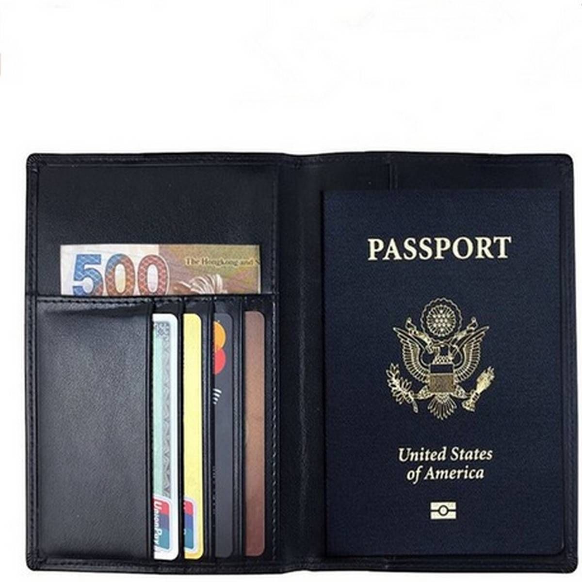 Leather Passport Cover Holder - Black