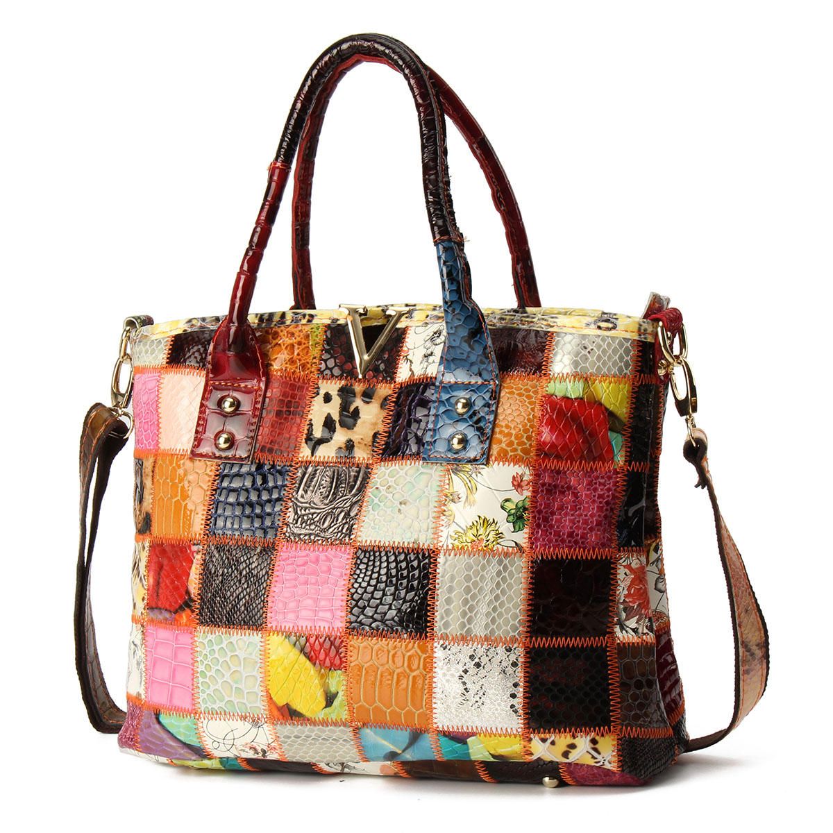 OIMG Women  Leather Vintage Tote Handbag Large Capacity Stitching Crossbody Bag