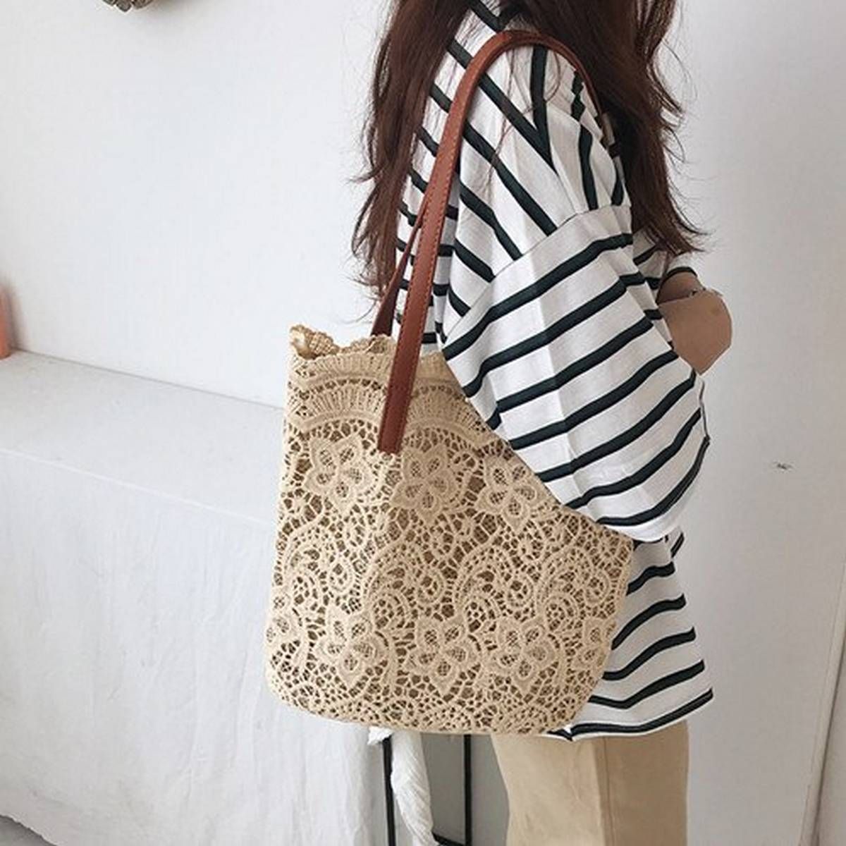 Summer Women Handbag 2 Pcs/Set Girl Lace Chic Shoulder Bag Elegant Female Tote Bags Big Capacity Pouch Foldable Travel Beach Bag