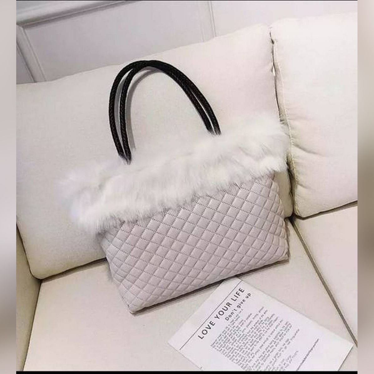 Mododiino Thread Handbag Faux Fur Women Bag Large Capacity Women'S Tote Purse Diamond Lattice Shoulder Bag Women Handbag