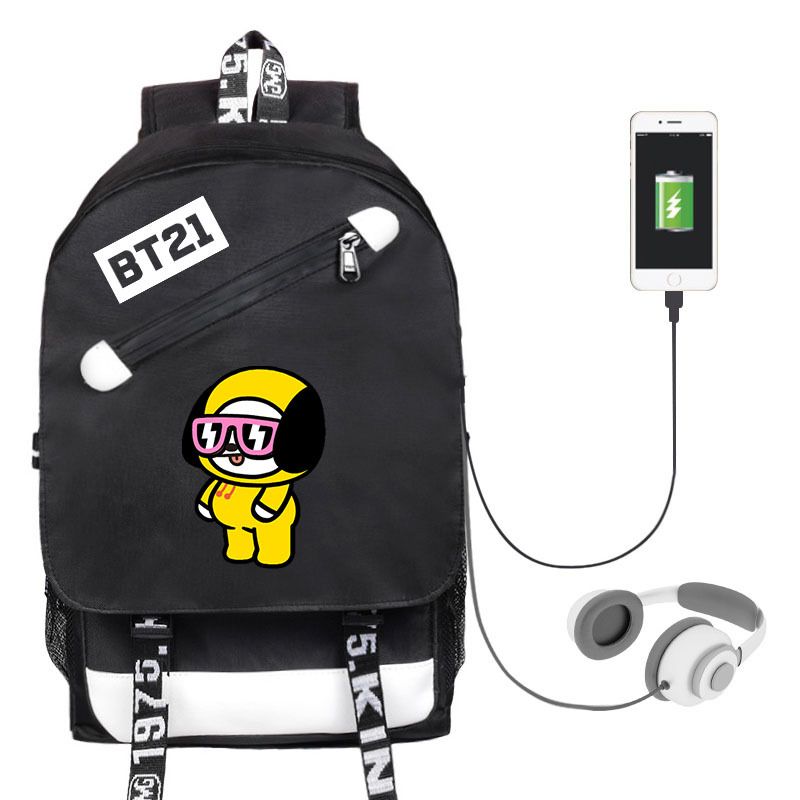 Imixlot BTS Peripheral School Bag BT21 Same Backpack Korean Version Male and Female Students USB Charging Canvas School Bag