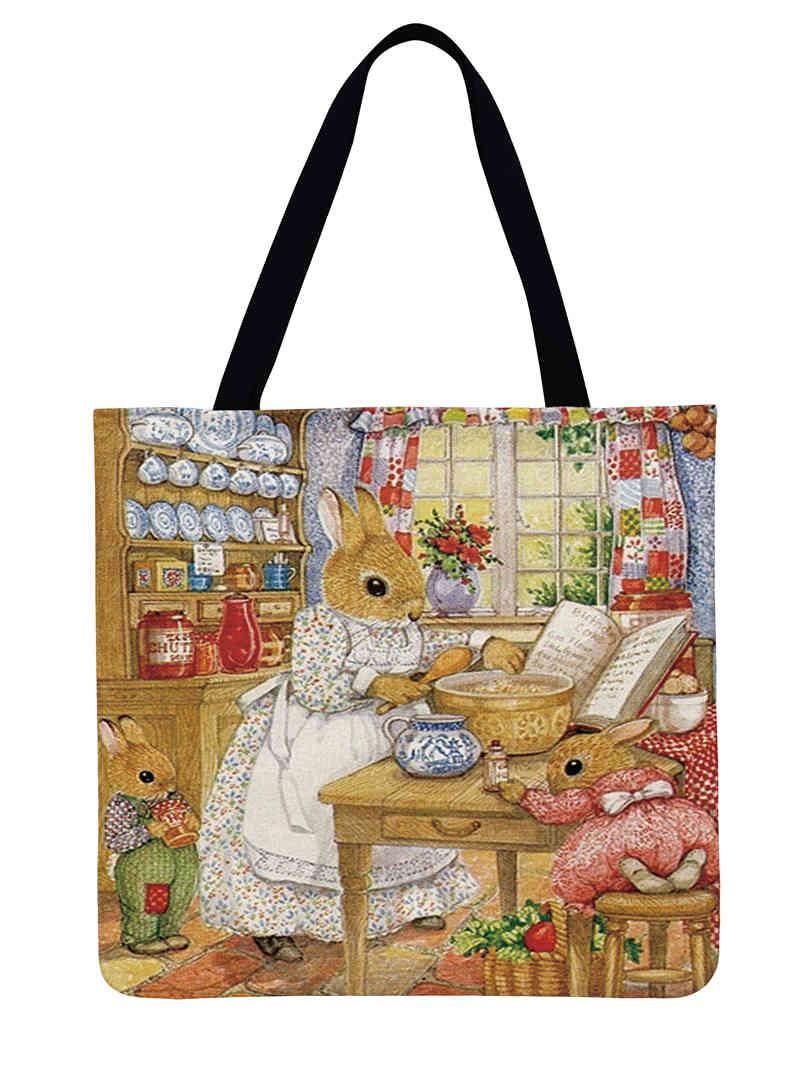 Women Shoulder Bag Warm Rabbit Printed Tote Bag Linen Febric Casual Tote Reusable Beach Bag Foldable Shopping Bag