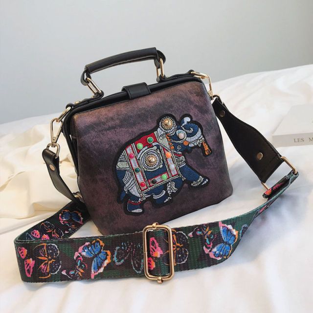 Vintage الفيل التطريز حقيبة حقائب واسعة فراشة حزام بولي Leather جلد النساء الكتف حقيبة كروسبودي حمل حقائب اليد النسائية المحافظ