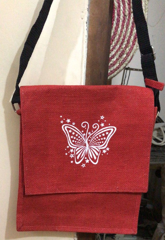 Red Unisex Crossbody bag of Jute Fabric
