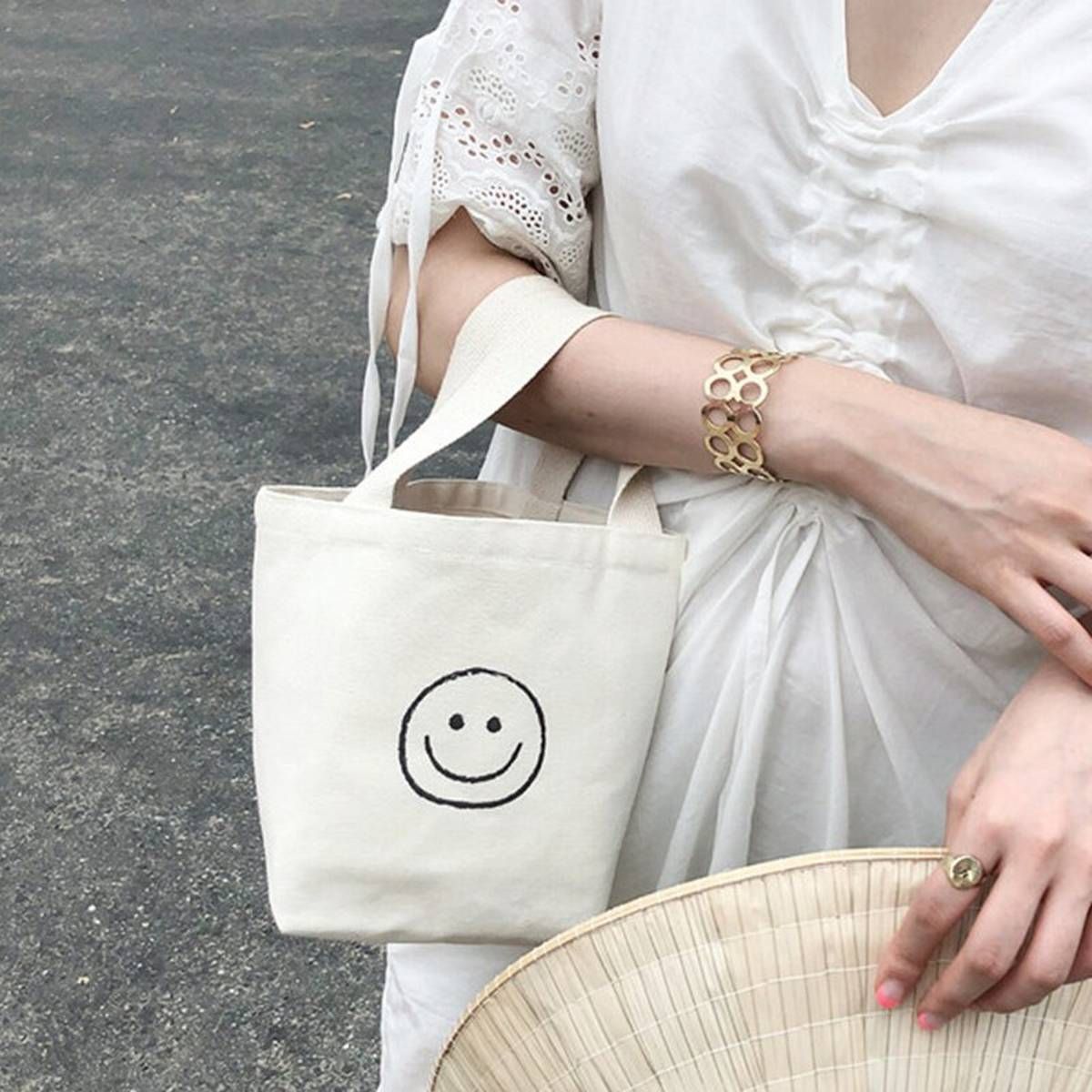Mini Canvas Tote Women Small Cute Smile Printing Top-handle 2020 Female Korean Fashion Fabric Cellphone Wristlets Purse Ladies handbag