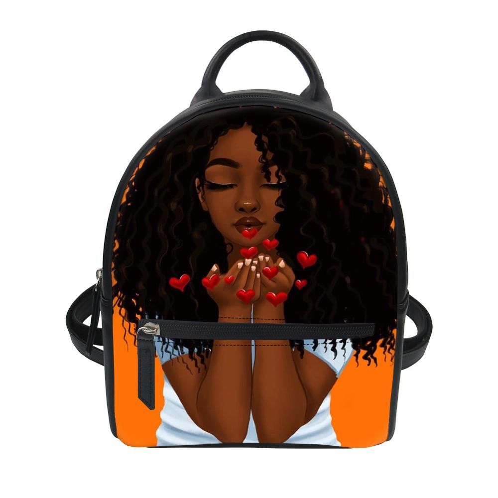 FORUDESIGNS PU Leather Backpacks for Women African Girls Black Art Shoulder Bags Ladies 2pcs Backpack&Purse Set Females Mini Bag
