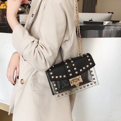 Small clear Woman Handbag Fashion Messenger Bag Chains Shoulder Bag Female Rivets Transparent Square PU handbag