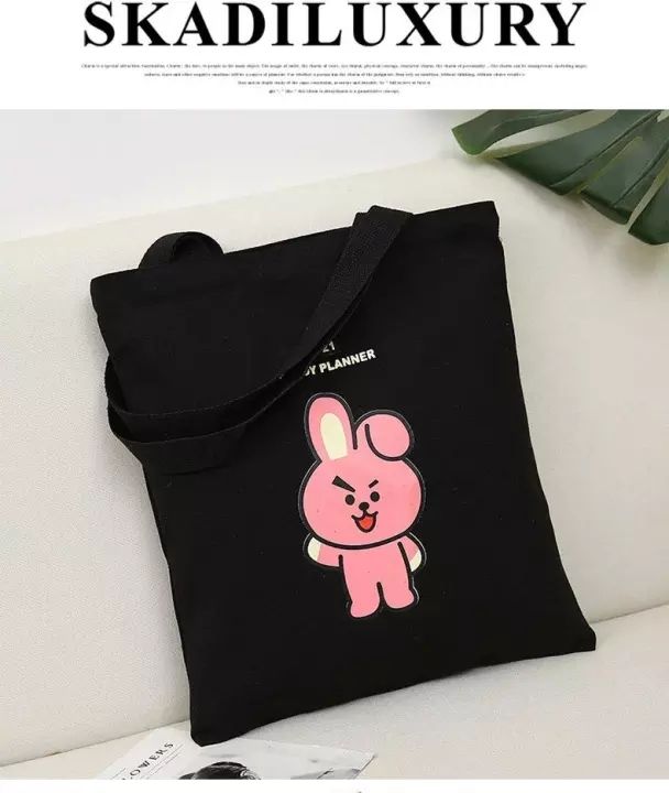 ZIME Korean BTS BT21 Cartoon Printed Canvas Tote Bag Fashion Shoulder Bag TATA COOKY RJ CHIMMY Printed