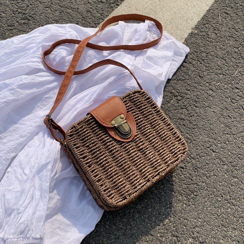 Women Girl Rattan Straw Bag Woven Square Handbag Crossbody Beach Summer Bags