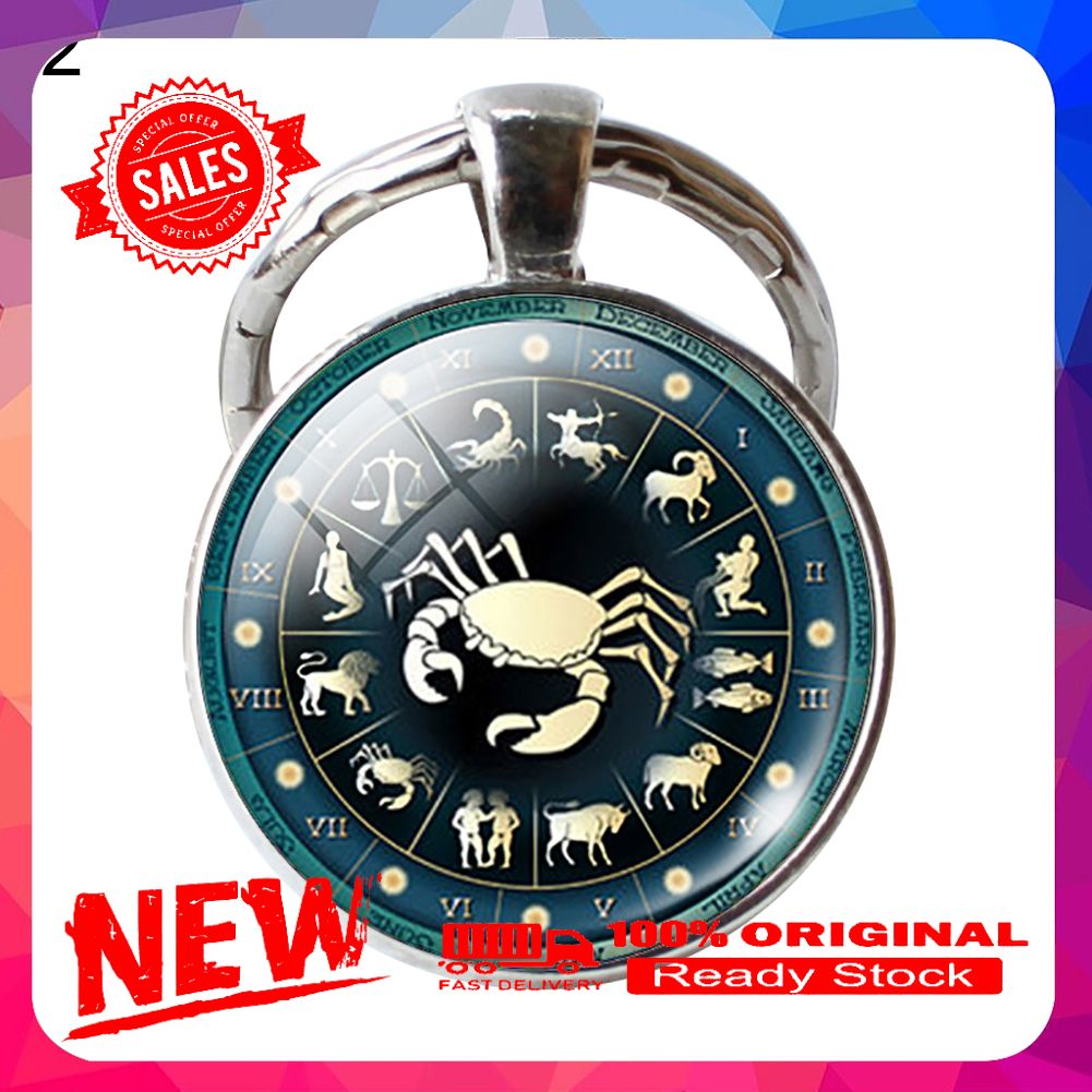 Single Round Glass 12 Constellation Zodiac Sign Pendant Key Ring Keychain