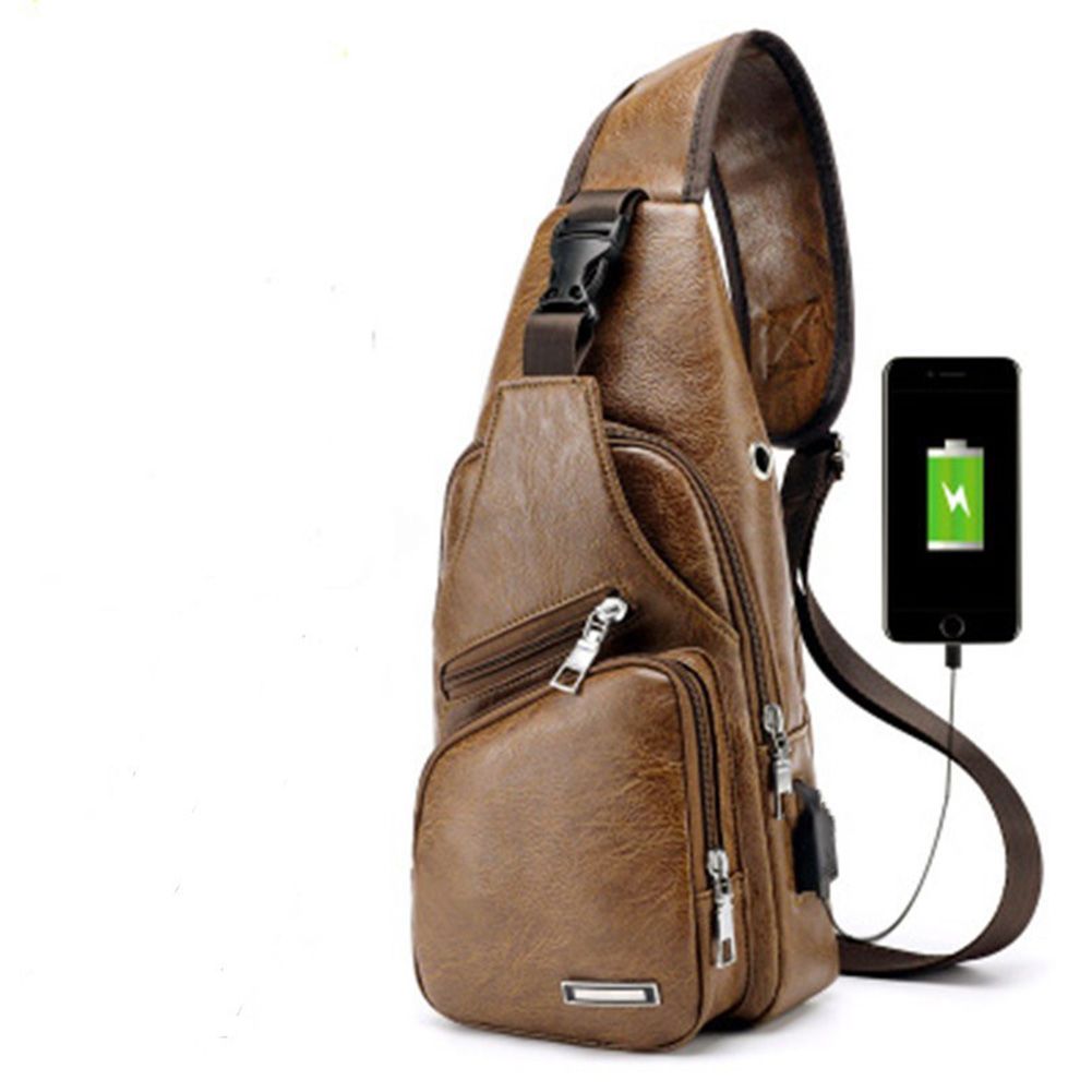 Yfashion Men USB Charging PU Crossbody Shoulder Bag for Outdoor Sports