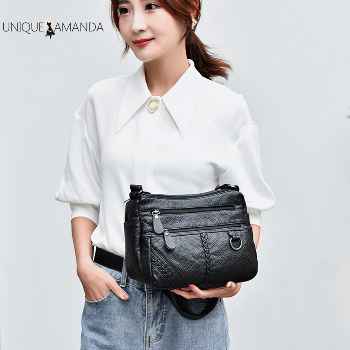 Solid Color Messenger Bag Women Leather Multi Pocket Shoulder Crossbody Handbags
