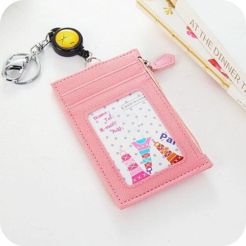 Solid color leather card holder wallet women credit bus ID cards pouch zipper coin purses keychain kid slim coin purse case