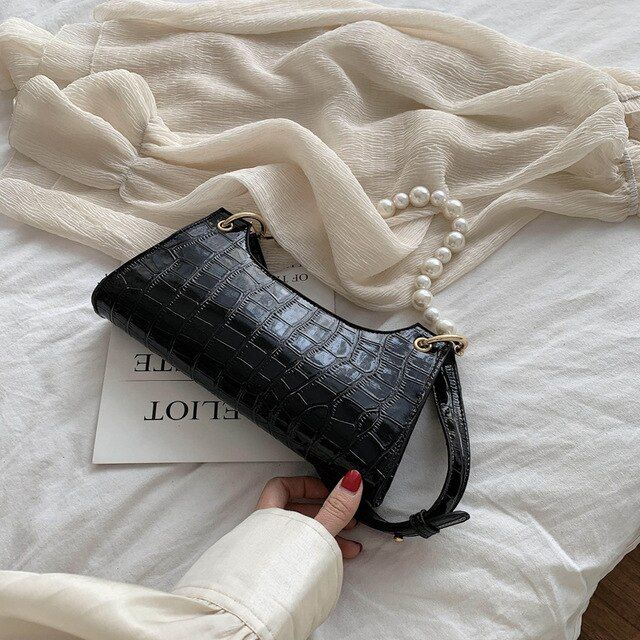 Women Vintage Baguette Bag Stone Pattern PU Leather Shoulder Bag Ladys Fashion Subaxillary Bags Pearl Handle Handbag