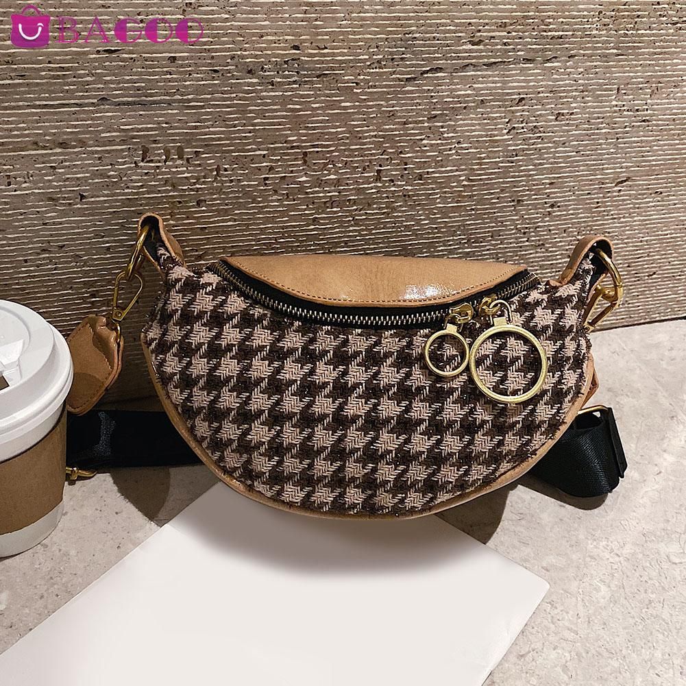 Fashion Woolen PU Leather Chest Bag Women Plaid Splicing Color Shoulder Crossbody Pack Autumn Winter Money Phone Pouch