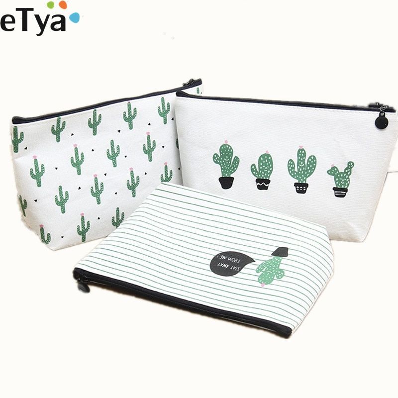 eTya Women Girl Canvas Cloth Cosmetic Bag Travel Cactus Ladies Make Up Bags Toiletry Make Up Wash Organizer Set Pouch Case
