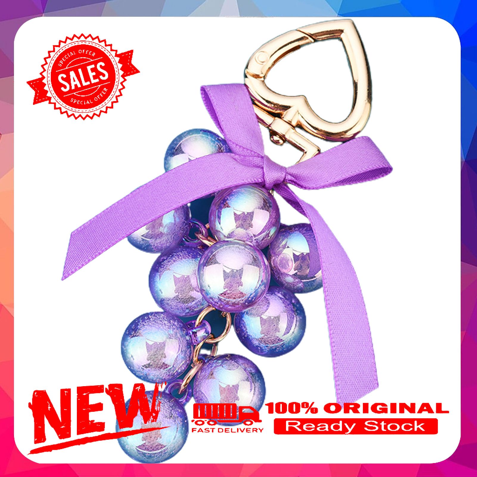 Shiny Solid Color Grape Bead String Pendant Keychain with Heart Shape Key Ring
