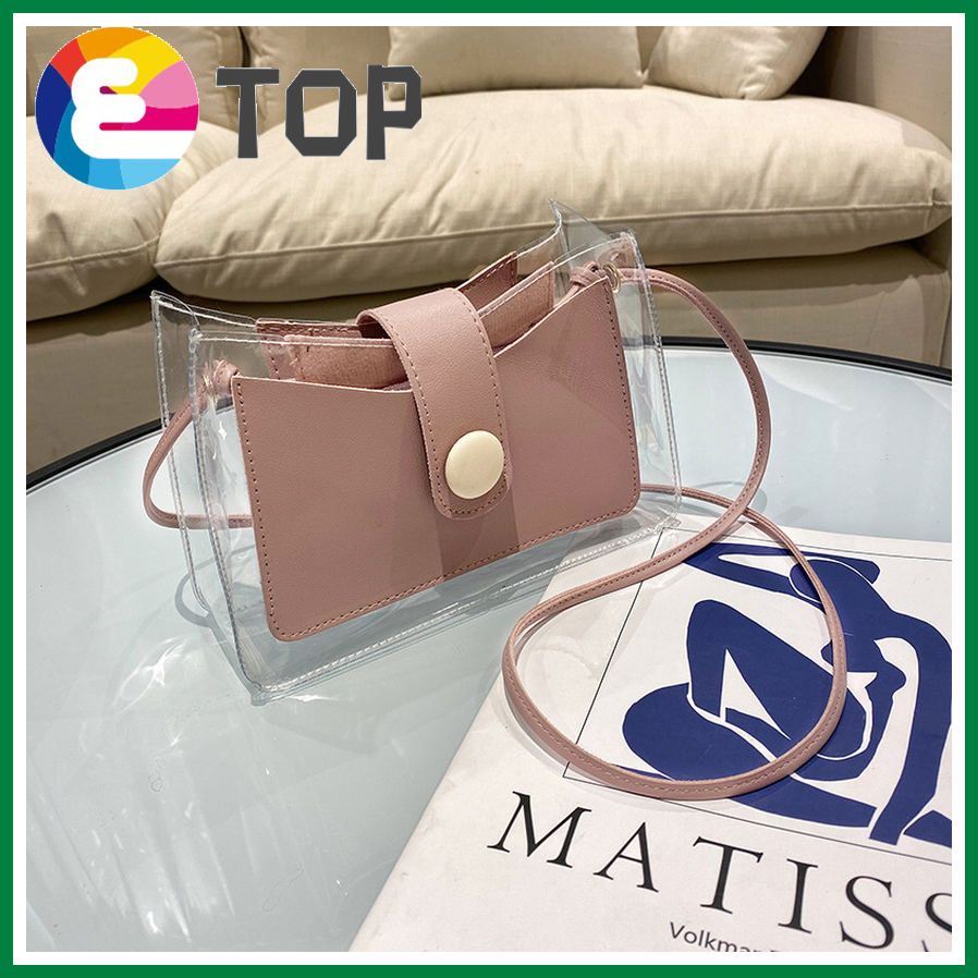 Female bag summer Korean version of contrast color transparent button jelly small square bag shoulder diagonal open bag tide