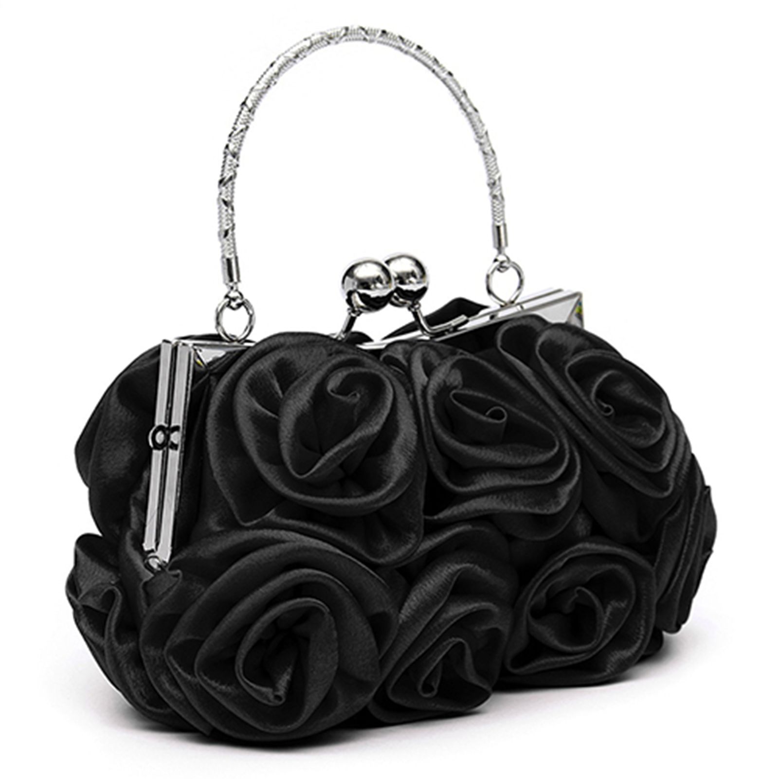 Women Fashion Rose Flower Pattern Faux Silk Handbag Bridal Clutch Bag for Wedding Evening Party