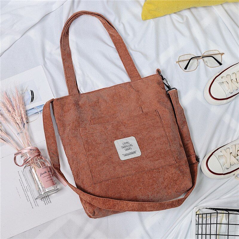 New Canvas Shoulder Bag Women Casual Corduroy Tote Soft Crossbody Bags Books Bag Striped Cluth Female Handbag Shopping Bags