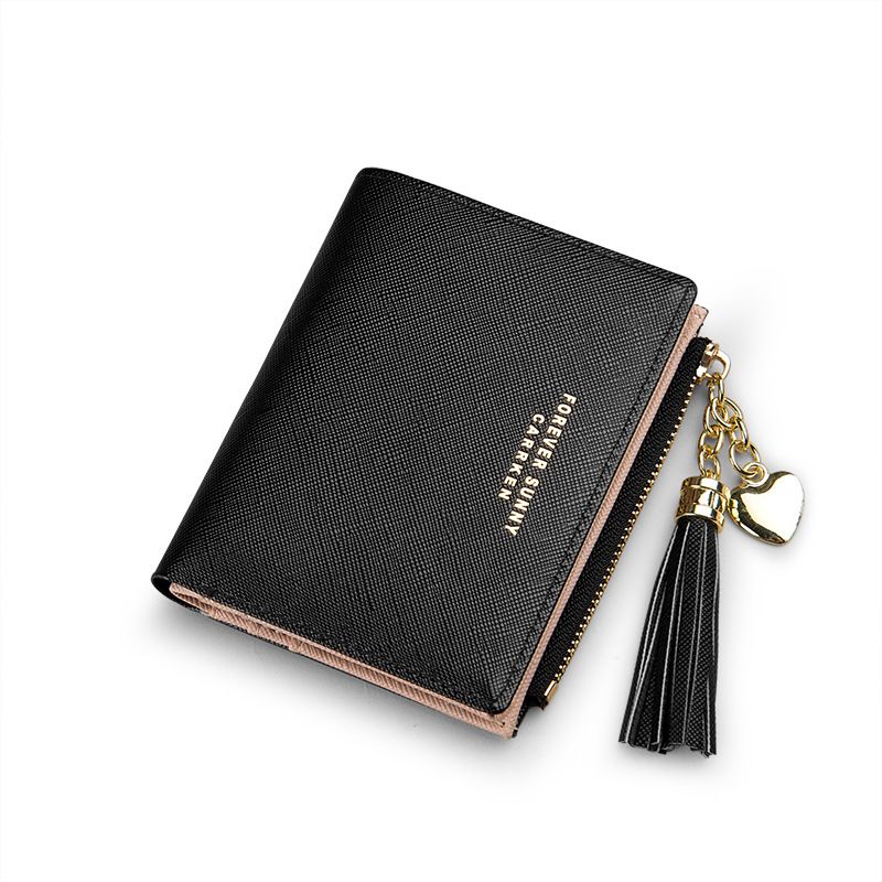 CarrKen Women's Short Korean Fashion Vertical Cross Pattern Tassel Zipper Coin Purse Credit Card Holder(Black)