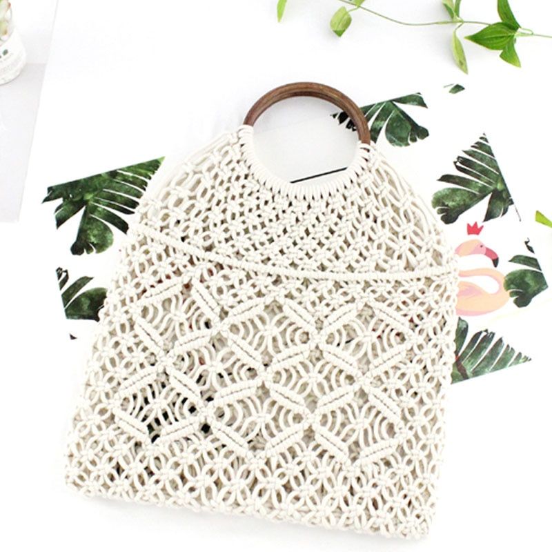 Popula Cotton Rope Hollow Straw Bag Sheer Macrame Tote wooden ring rattan handle Net Bag Vintage Retro Chic handbag