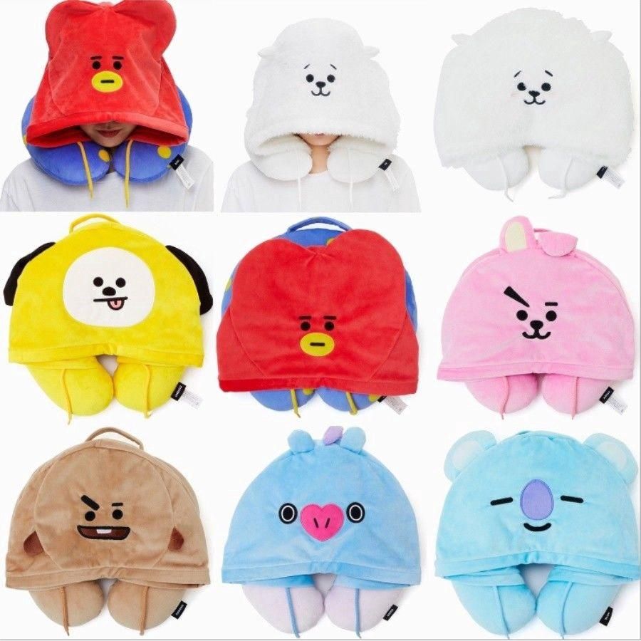 Kpop BTS BT21 Hooded Travel Pillow U-Shaped Neck Air Cushion Plane Sleeping