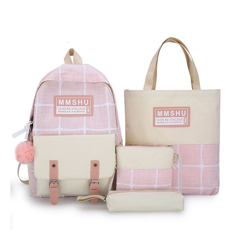 4Pcs/set Women School Backpacks Schoolbag For Teenagers Girls Student Book Bag Fur Ball Boys Plaid Bolsas Mochilas Sac A Dos