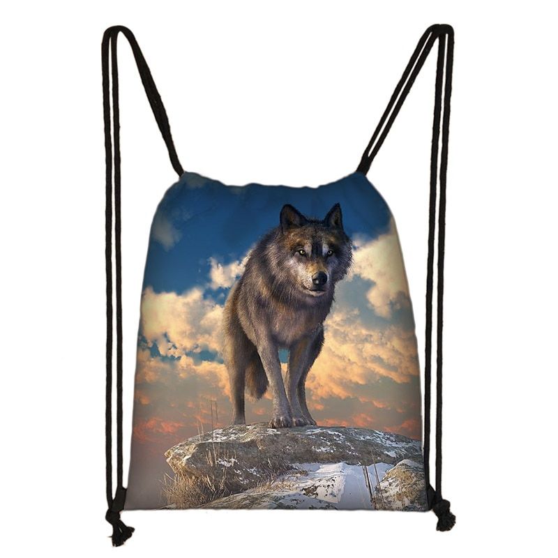 Cool Howling Wolf Print Drawstring Bag Women Men Storage Bags for Travelling Softback Canvas Backpack