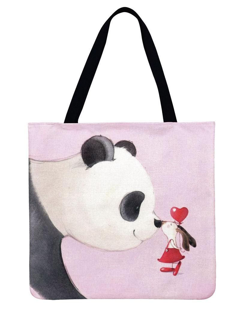 Lovely Panda Illustration Printing Tote Bag Shoulder Bag Women Linen Febric Casual Tote Foldable Shopping Bag Reusable Beach Bag