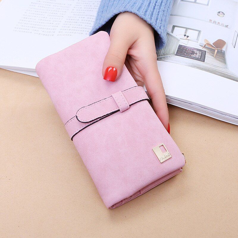 New Women Wallets Drawstring Nubuck Leather Zipper Wallet Women's Long Design Purse Two Fold More Color Clutch