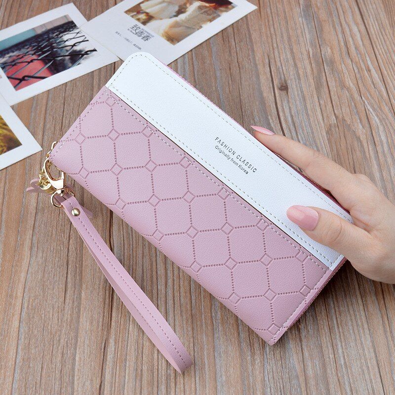 Patchwork PU Letter Zipper Long Card Holder Purse High Quality Money Wrist Wallet Women