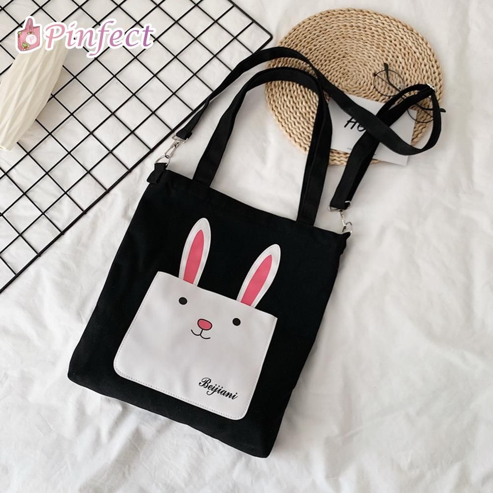Fashion Women Simple Casual Canvas Crossbody Tote Bag Women Cute Cartoon Rabbit Large Capacity Shoulder Messenger Shopping Handbag
