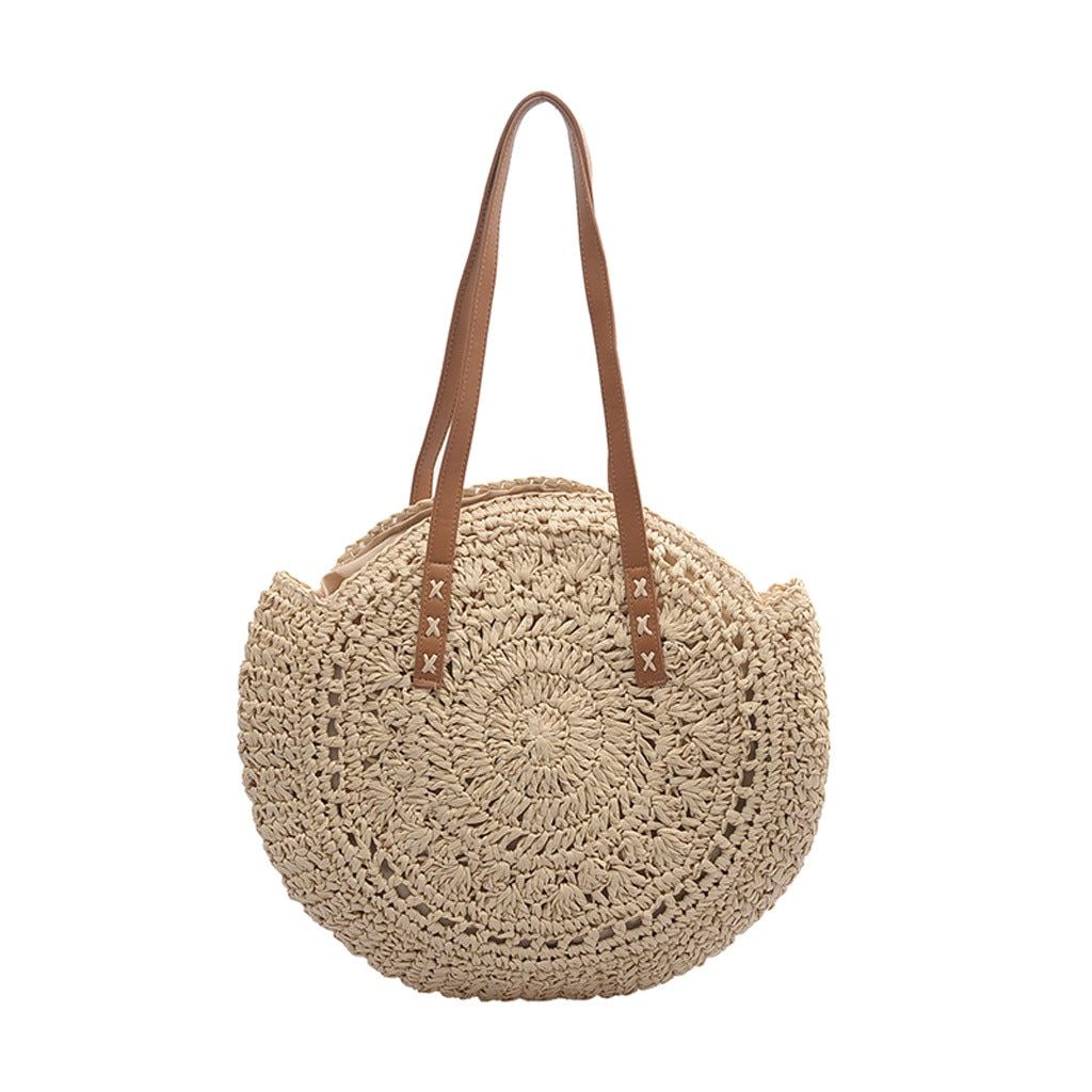 Casual Rattan Women Shoulder Bags Circle Straw Handbags Big Capacity Handmae Summer Totes Lady Round Boho Beach Treval Sac#35